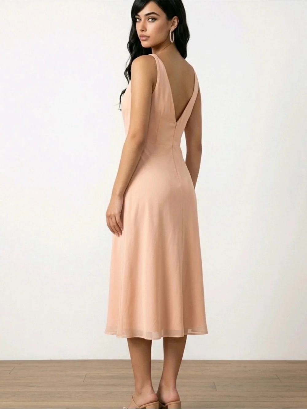 NWT J. CREW | Sleeveless V-Neck Light Peach 100% Silk A-Line Midi Dress Sz. 8